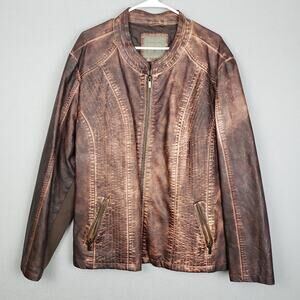 Maurices Size 4X Faux Leather Moto Jacket Brown Distressed Grunge Mad Max Rugged